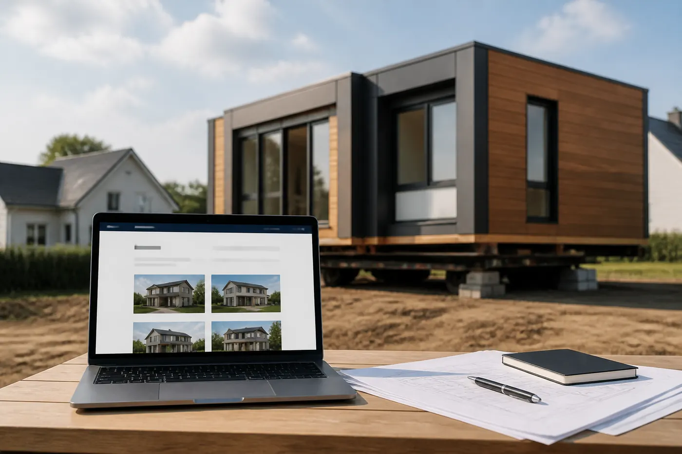 Prefab modular home model gallery website on a laptop with a set home in the background
