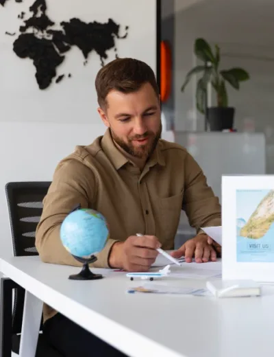 Travel advisor helping clients plan a trip