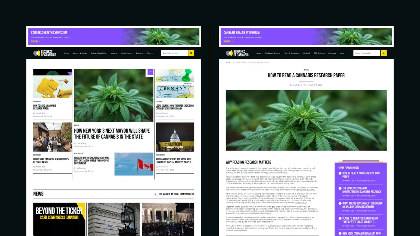 Business of Cannabis – WordPress/Elementor Cannabis Media Website — screenshot 1