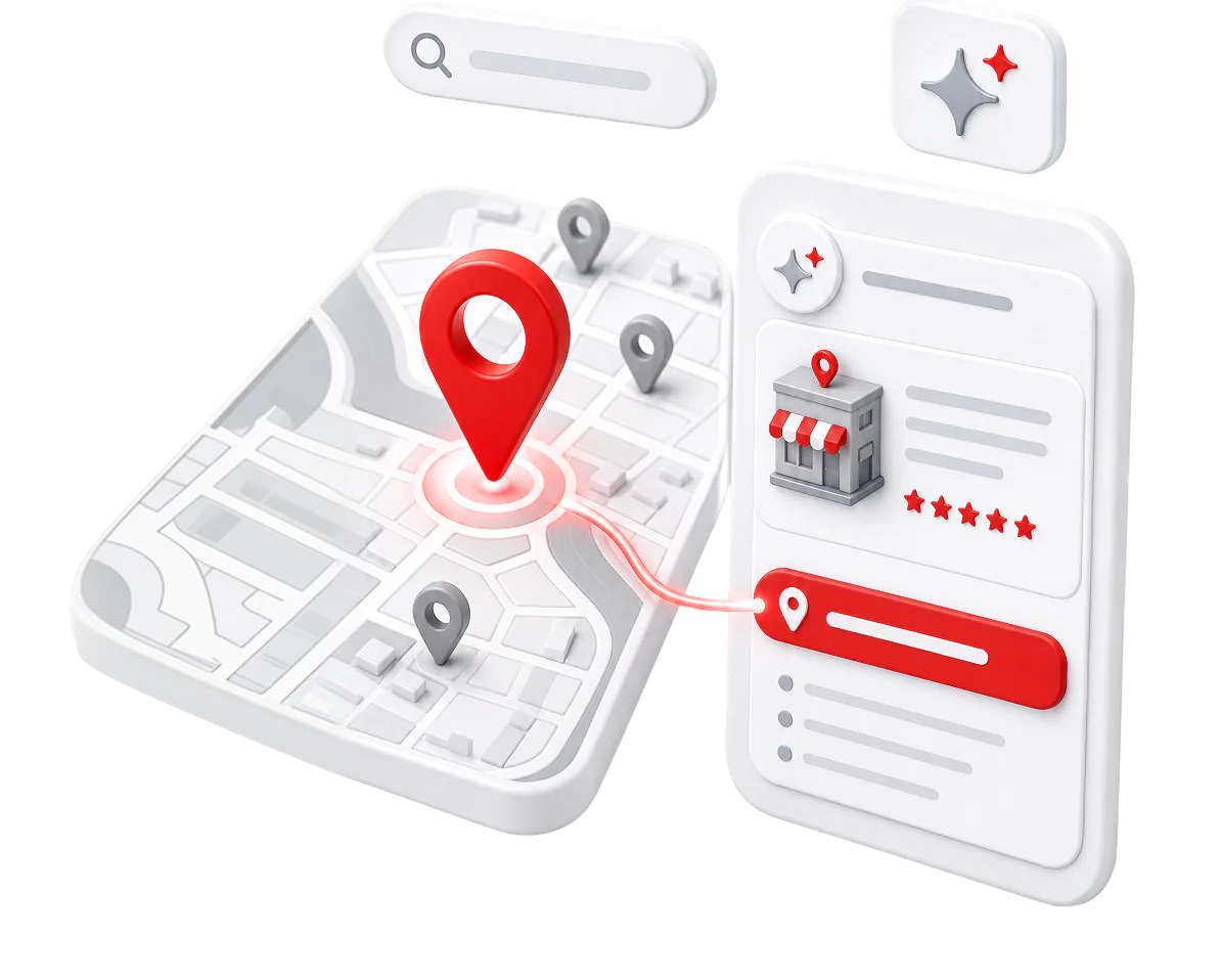 Google Ads and local PPC — map pin connected to business profile with search and lead tracking