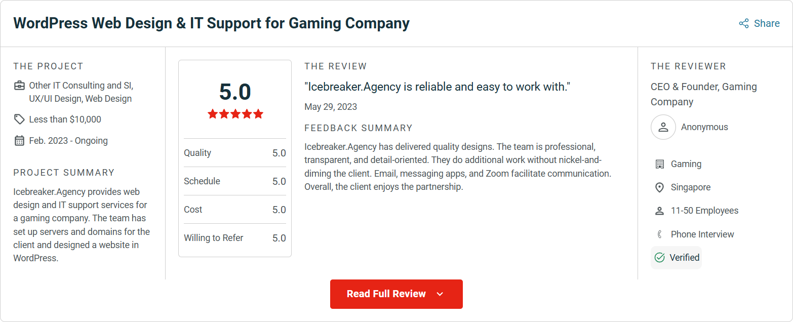 Clutch review from a gaming company — WordPress web design