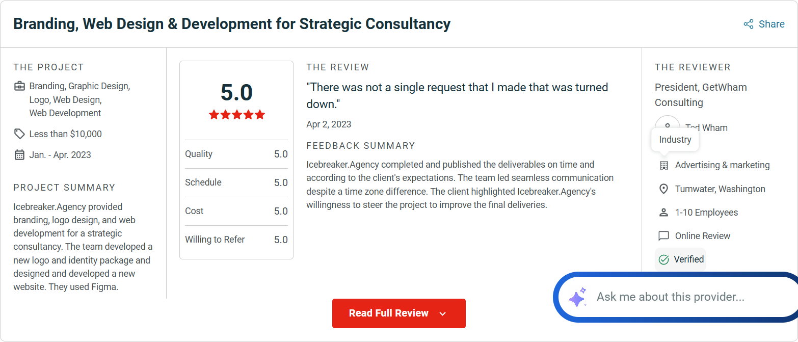 Clutch verified client review for Icebreaker Agency