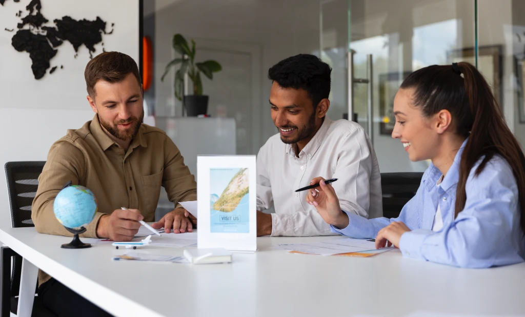 Travel agency team planning a customer trip