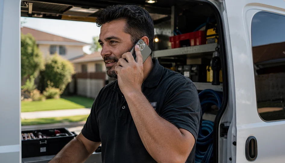Contractor on the phone in his work truck
